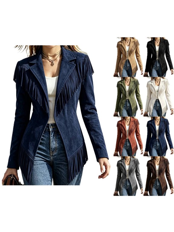 Women Suede Fringe Jacket Lapel Long Sleeve Open Front Western Coat with Tassel Trim Casual Slim Outerwear for Autumn