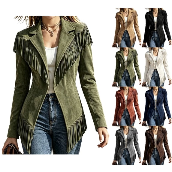 Women Suede Fringe Jacket Lapel Long Sleeve Open Front Western Coat with Tassel Trim Casual Slim Outerwear for Autumn