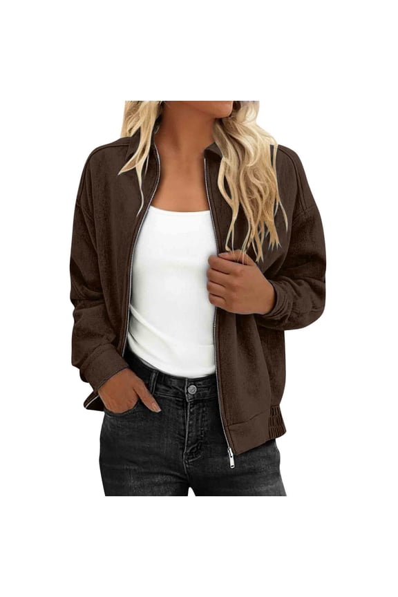 Women Suede Jacket Cropped Trench Coats Crewneck Outwear Zip Up Cardigan Faux Leather Peacoat Casual Long Sleeve Tops Vintage Clothes Open Front Coat Fall Fashion Clothing