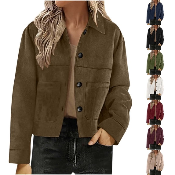 Women Suede Jacket Lightweight Lapel Button Down Trench Coat Trendy Casual Long Sleeve Fall Jacket with Pockets,M,Black