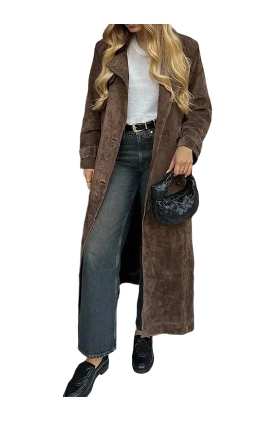 Women Suede Jackets Lapel Button Belted Outwear Vintage for Fall Winter Long Walking Coat Coffee S
