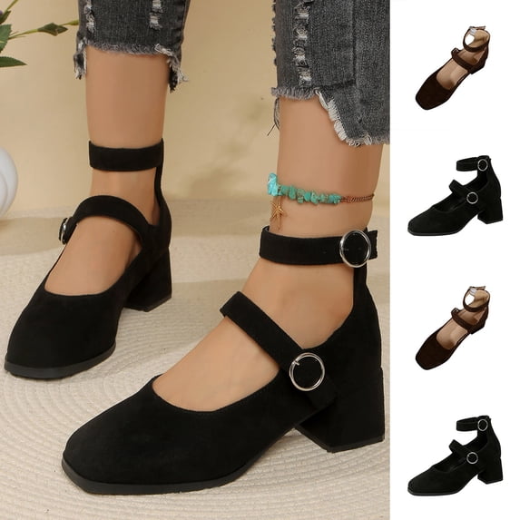 Women Suede Mary Jane Block Heel Pumps, Double Ankle & Instep Strap with Metal Buckle, Square Toe Low Chunky Heel Dress Shoes Brown 9(42)