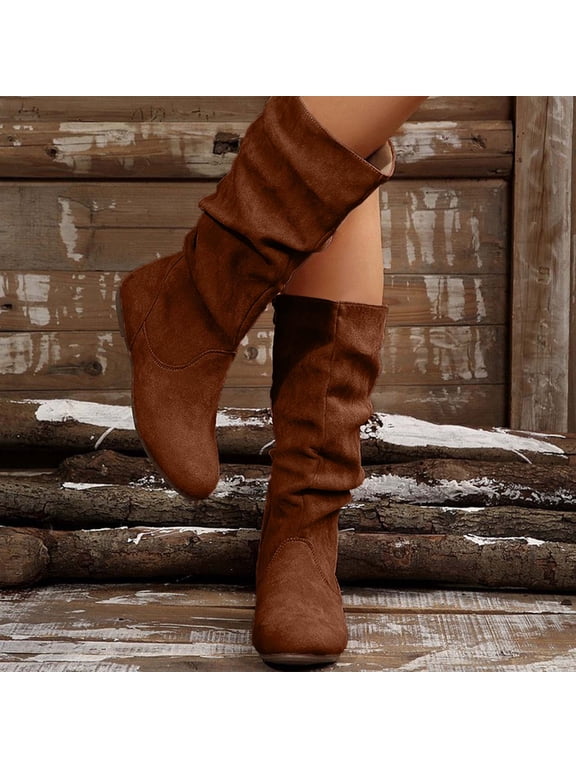 Women Suede Slouch Mid Calf Boots Side Zipper Flat Heel Casual Pull On Knee High Winter Fashion Boots Music Festival Outfit Coffee 39