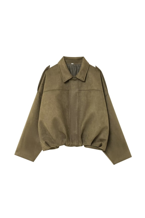 Women Suede Texture Effect Jackets with Shoulder Straps Soft Loose Coats Outerwear Tops Bronze Women Blending Shirts Women's Long Sleeve T-Shirt(S)