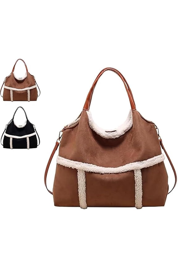 Women Suede Tote With Faux Lamb Wool Lined, Vintage Large Capacity Plush Shoulder Bag