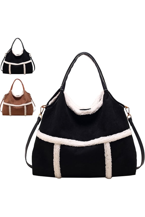 Women Suede Tote With Faux Lamb Wool Lined, Vintage Large Capacity Plush Shoulder Bag