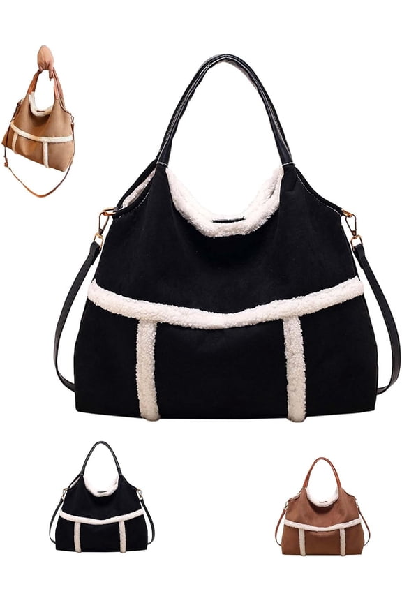 Women Suede Tote with Faux Lamb Wool Lined, Vintage Large Capacity Plush Shoulder Bag for Everyday Use
