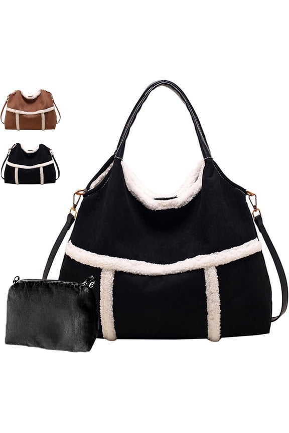 Women Suede Tote with Faux Lamb Wool Lined, Vintage Large Capacity Plush Shoulder Bag, for Work Travel Purse