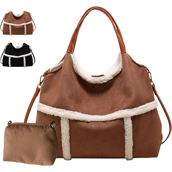 Women Suede Tote with Faux Lamb Wool Lined, Vintage Large Capacity Plush Shoulder Bag, for Work Travel Purse