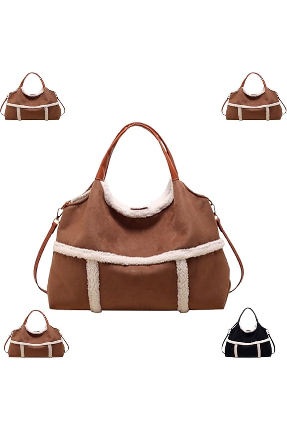 Women Suede Tote with Faux Lamb Wool Lining – Vintage Plush Tote for Daily Use, Work & Travel