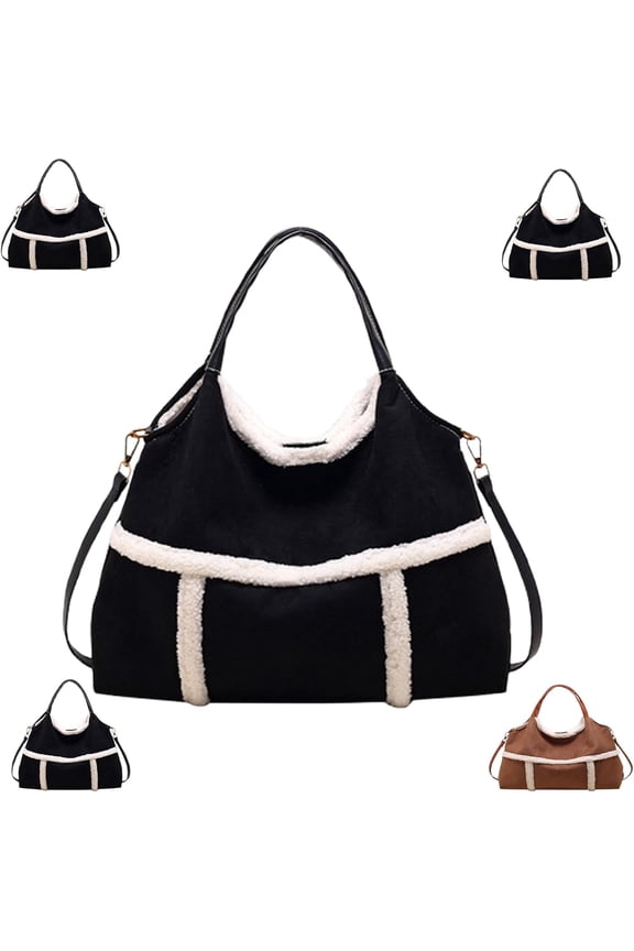 Women Suede Tote with Faux Lamb Wool Lining – Vintage Plush Tote for Daily Use, Work & Travel