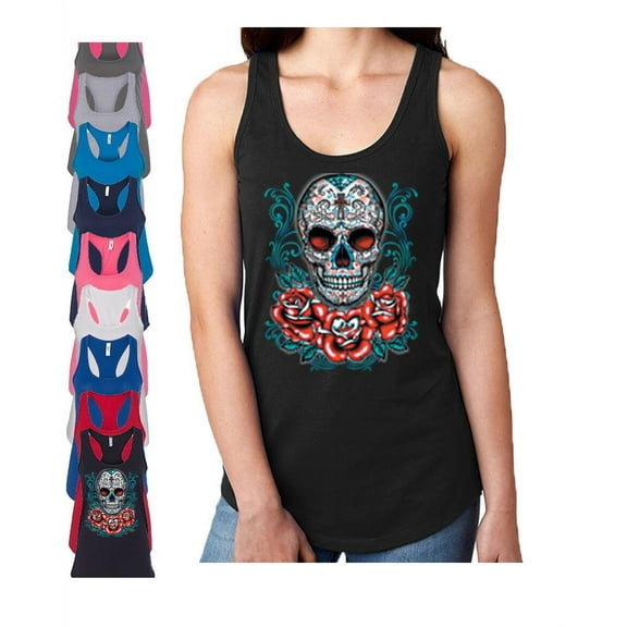Women Sugar Skull Roses Necklace Tank Top Day Of The Dead Tee Soft and Comfy Tank Top, Lightweight Tank Top Color Red Large