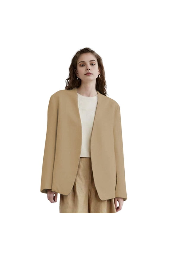 Women Suit Coat Collarless Long Sleeve Open Front Suit Jacket Solid Color Loose Fit Business Cardigan Office Formal Coat