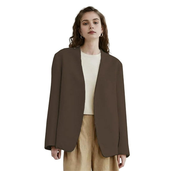 Women Suit Coat Collarless Long Sleeve Open Front Suit Jacket Solid Color Loose Fit Business Cardigan Office Formal Coat