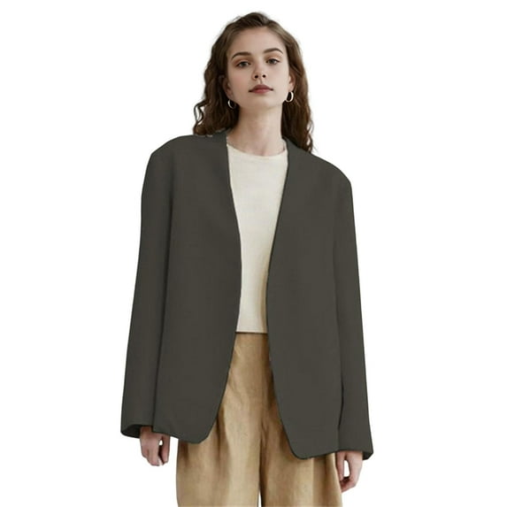 Women Suit Coat Collarless Long Sleeve Open Front Suit Jacket Solid Color Loose Fit Business Cardigan Office Formal Coat