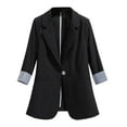 thumbnail image 1 of Women Suit Coat Lapel 3/4 Sleeve Striped Cuffs Suit Jacket Single Button Pockets Design Loose Fit Business Workwear, 1 of 7