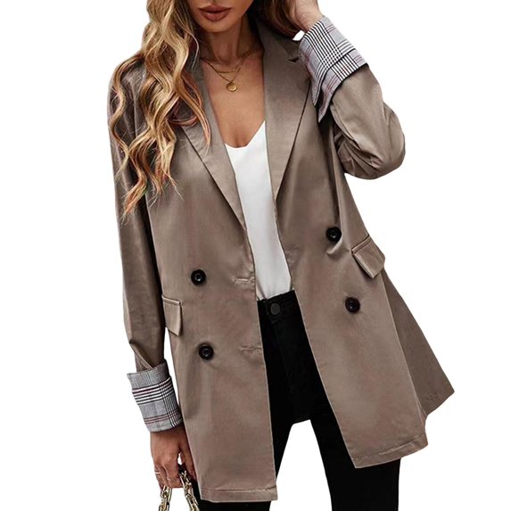 Women Suit Coat Lapel Long Sleeve Striped Cuffs Suit Jacket with Flap Pockets Solid Color Loose Fit Double Breasted Business Outwear