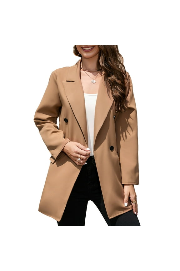 Women Suit Coat Notched Collar Double Breasted Flap Pocket Grid Pattern Fashionable Suit Coat Khaki M