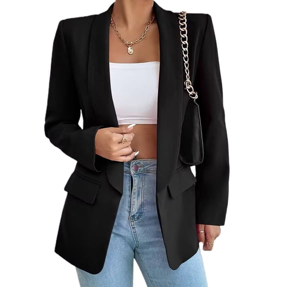 Women Suit Coat Spring Autumn Solid Color Business Suit Coat Lapel Long Sleeve Flap Pockets Open Front Suit Jacket-Black,L