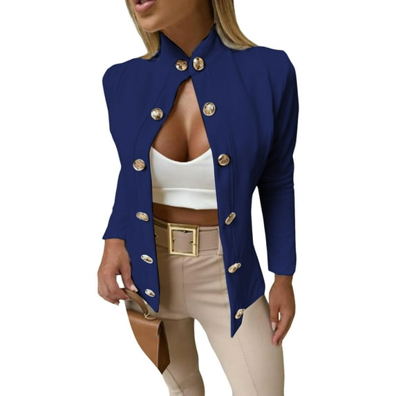 Women Suit Coat Stand Collar Long Sleeve Double Breasted Suit Jacket Solid Color Slim Fit Business Casual Outwear