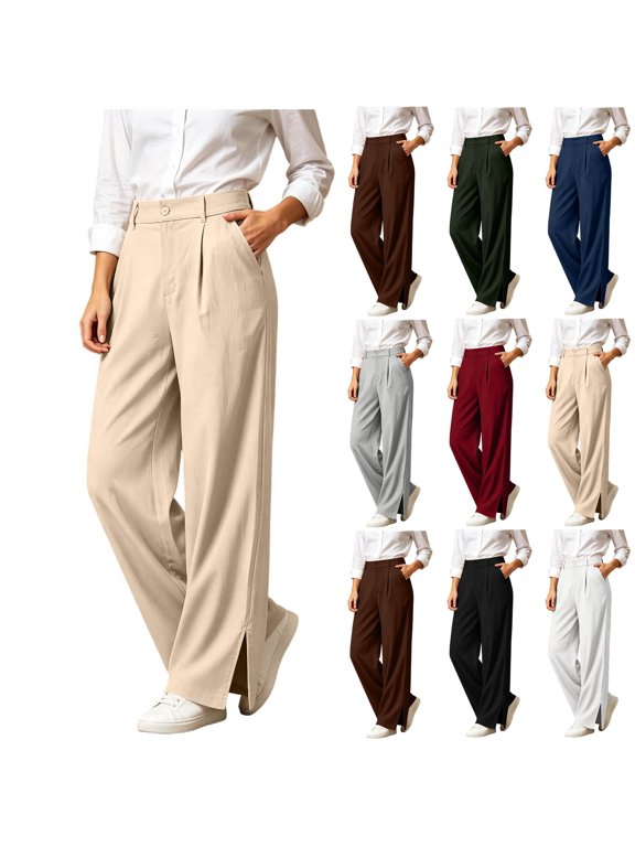 Women's Pants, High Waist with Pockets Button-Down Side Slit for Work