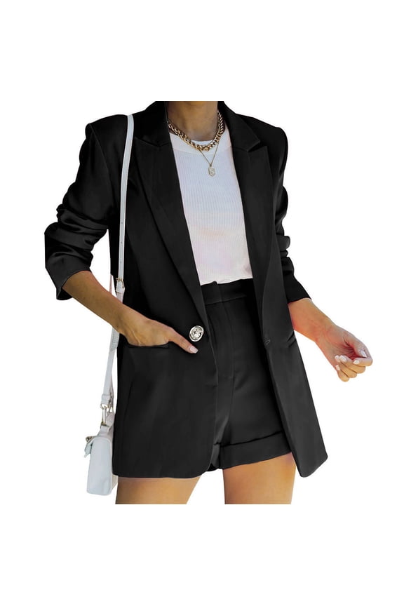 Women Suit Sets for Women Zpanxa 2 Piece Outfits for Women, Long Sleeve Solid Color Blazer with Pockets Shorts Suit Sets, Open Front Blazer and Short Pants Suit Sets Black A L