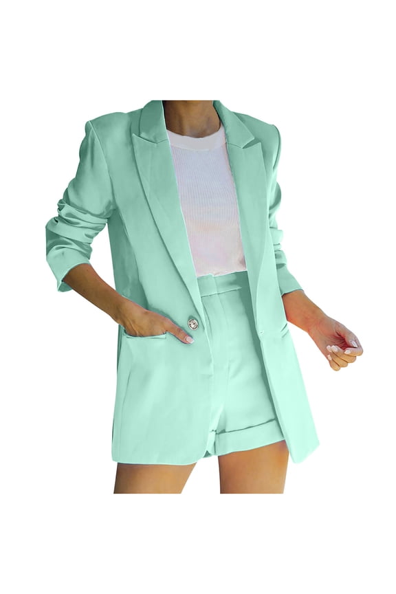 Women Suit Sets for Women Zpanxa 2 Piece Outfits for Women, Long Sleeve Solid Color Blazer with Pockets Shorts Suit Sets, Open Front Blazer and Short Pants Suit Sets Mint Green 3XL
