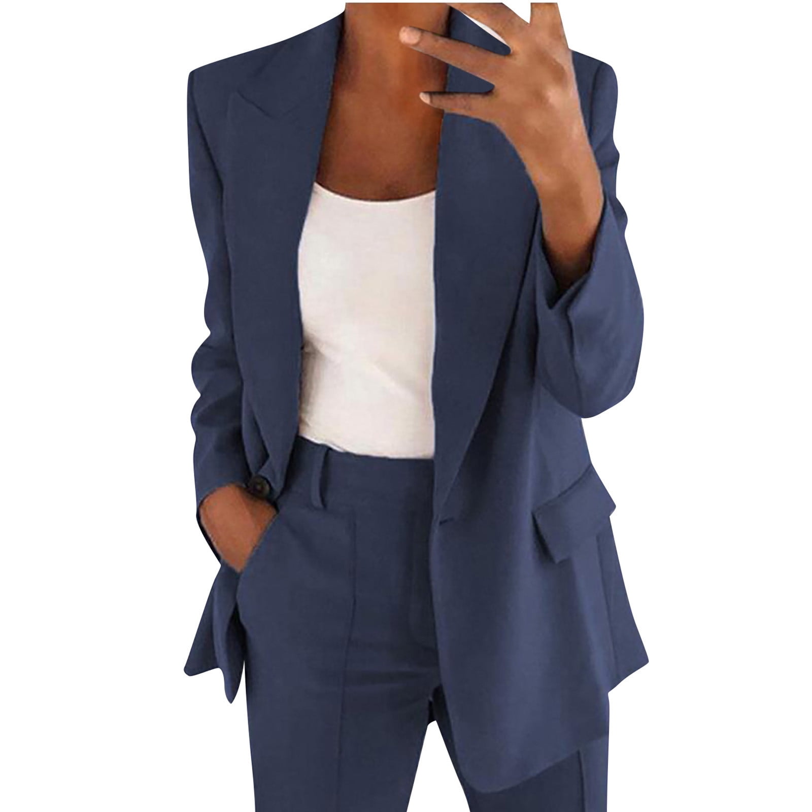 Navy Blue Women's Business Casual 2 Piece Blazer Jacket Straight
