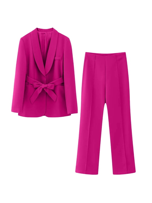 Women Suit Sets Work Elegant Business Blazer + Straight Leg Pencil Pants Set Formal 2 Piece Outfit Casual Work Wear Vintage Classic Solid Color Open Front Suit Jacket Trousers Suits with Belted