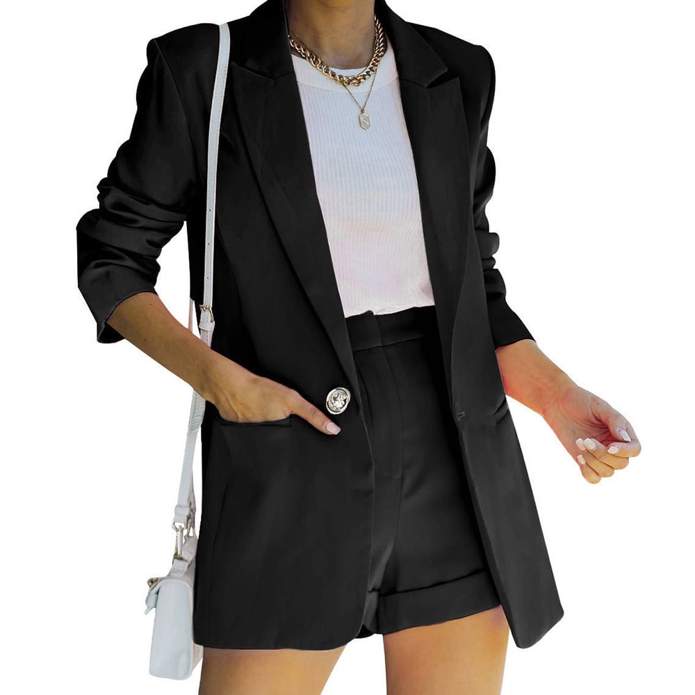 Women Suit Sets for Women Konbeca 2 Piece Outfits for Women, Long Sleeve Solid Color Blazer with Pockets Shorts Suit Sets, Open Front Blazer and Short