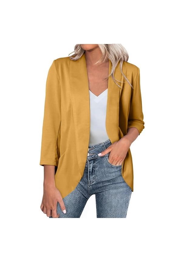 Women Suit Shirts Jackets Fashion Open Front 3/4 Length Sleeve Shawl Lapel Loose Comfy Blazer Cardigan Blouse Tops Yellow X-Large