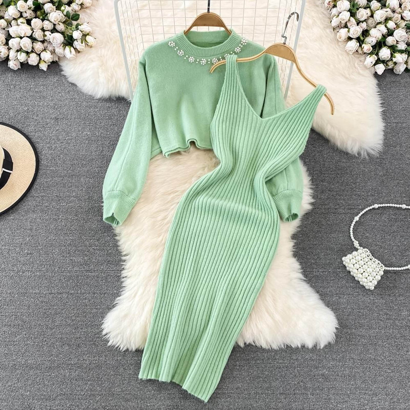 2 piece knitted dress for women Women Suitable Knitted Dress Two Piece Suit Pullover Top And Dress Bodycon 2 Piece Set Midi Dress Knitted Dress Set Bathing Skirts for Women Womens