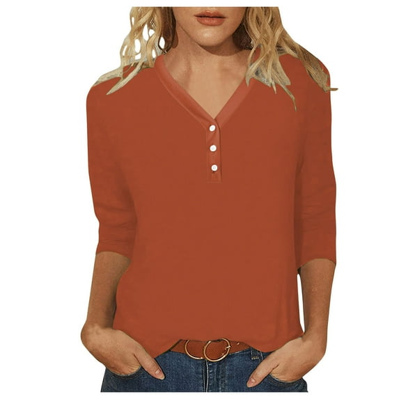Women Suitable Tops V Neck Button Three Quarter Sleeve Comfortable Floral Print Blouse T Shirts Women Long Sleeve T Shirt Womens Short Sleeve Raglan Tee Ladies Tee Tops Tees for Women Long Sleeve