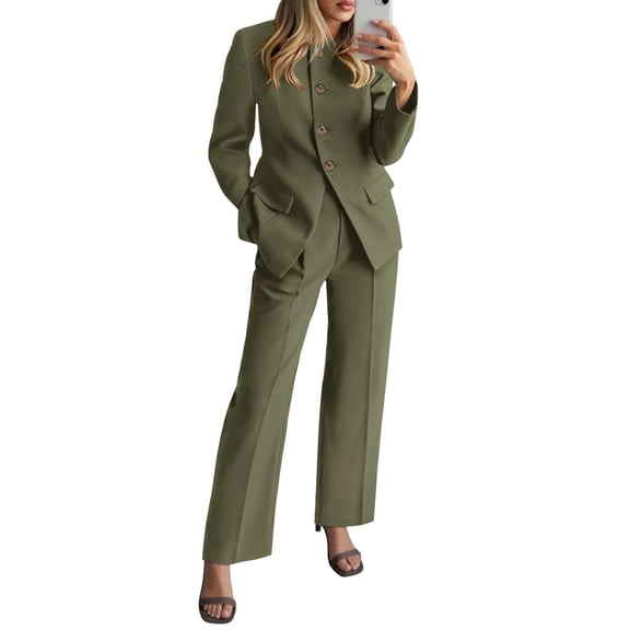 Women Suits 2 Piece Set Business Casual Dressy Blazer Jacket and Wide Leg Pantsuits Formal Outfits Olive Green M