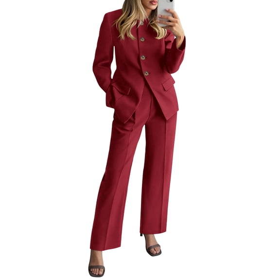 Women Suits 2 Piece Set Business Casual Dressy Blazer Jacket and Wide Leg Pantsuits Formal Outfits Red S