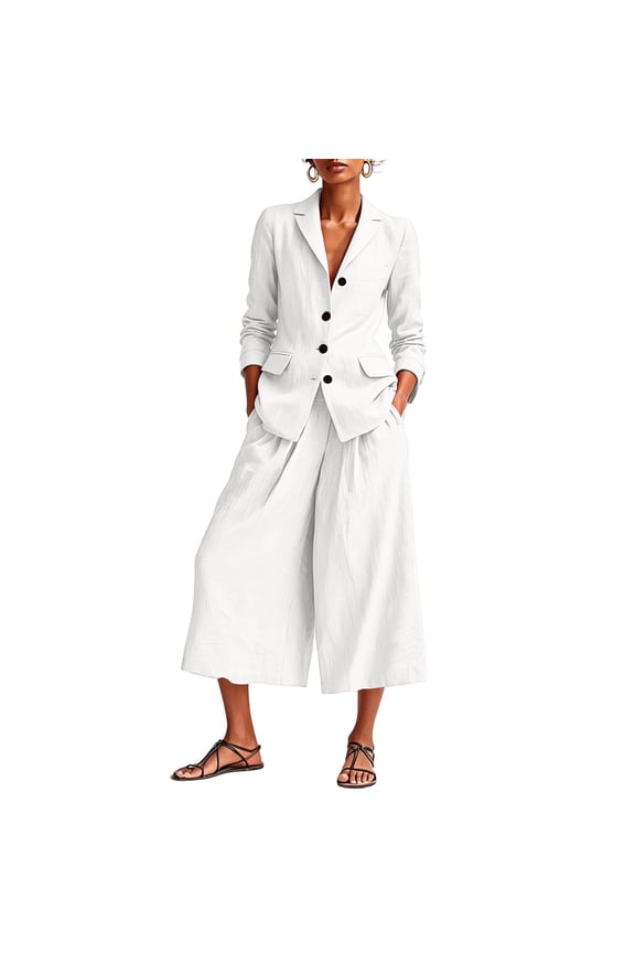 Women Suits 2 Piece Set Business Casual Dressy Oversized Blazer Jacket and Wide Leg Capri Pant Outfits White XXL(XXL)