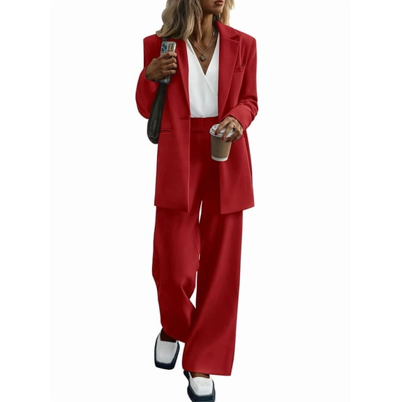 Women Suits 2 Piece Set Business Casual Dressy Oversized Blazer Jacket and Wide Leg Dress Pantsuits Formal Outfits Red L