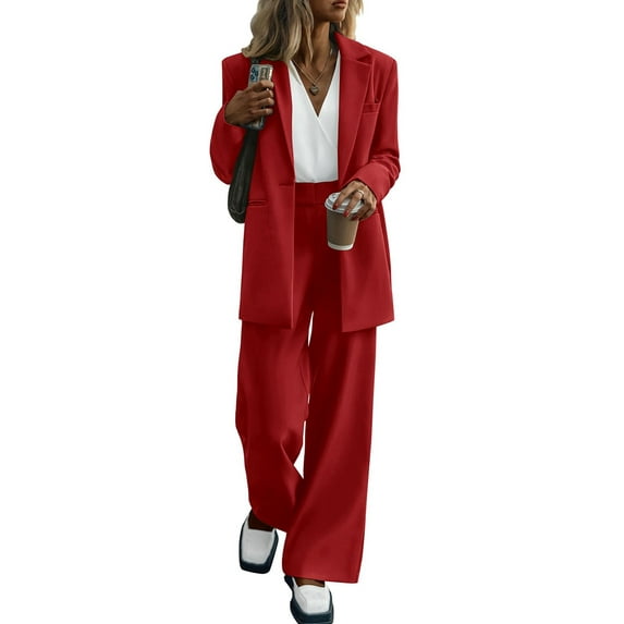 Women Suits 2 Piece Set Business Casual Dressy Oversized Blazer Jacket and Wide Leg Dress Pantsuits Formal Outfits Red L