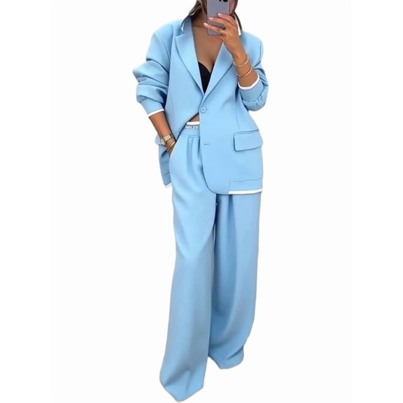 Women Suits 2 Piece Set Business Casual Dressy Oversized Blazer Jacket and Wide Leg Dress Pantsuits M