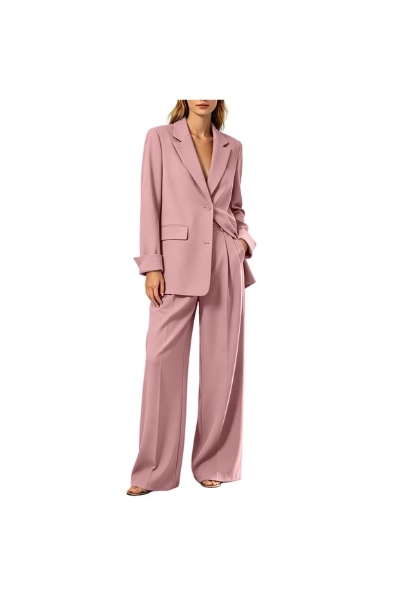 Women Suits 2 Piece Set Business Casual Dressy Oversized Blazer Jacket and Wide Leg Dress Pantsuits formal Outfits S-3XL Pink