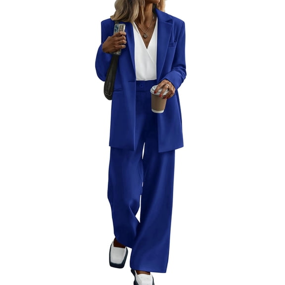 Women Suits 2 Piece Set Business Casual Dressy Oversized Blazer Jacket and Wide Leg Pants Blue S