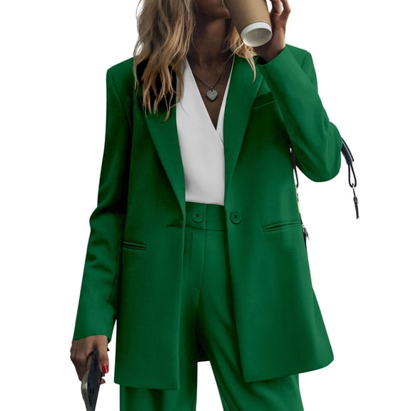 Women Suits 2 Piece Set Business Casual Dressy Oversized Blazer Jacket and Wide Leg Pants Emerald Green M