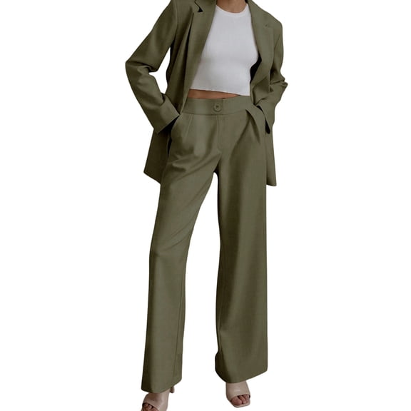 Women Suits 2 Piece Set Business Casual Dressy Oversized Blazer Jacket and Wide Leg Pants Green XL