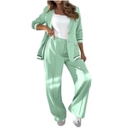 Women Suits 2 Piece Set Dressy Business Casual Ribbed Blazer Jacket Wide Leg Dress Pants Sets Loose Formal Outfits, XXL