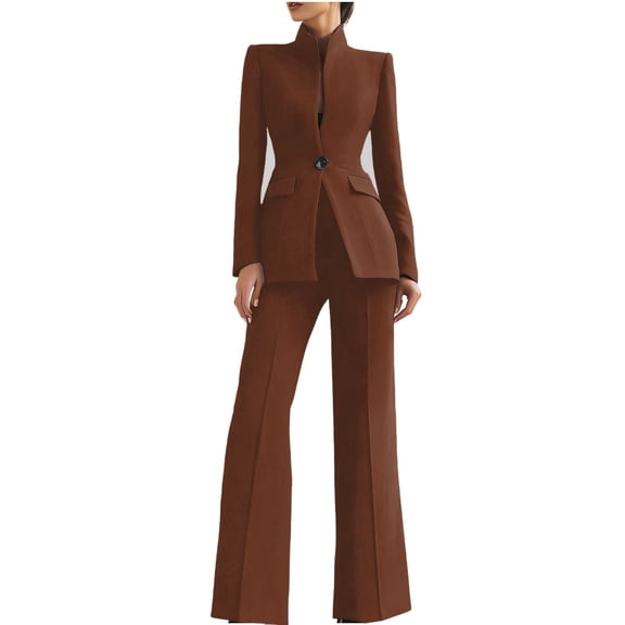 Women Suits 2 Piece Set Sophisticated High Collar Blazer Wide Leg Trousers Set Professional Office Work Casual Solid Outfits