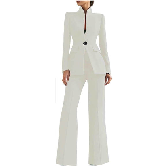 Women Suits 2 Piece Set Sophisticated High Collar Blazer Wide Leg Trousers Set Professional Office Work Casual Solid Outfits