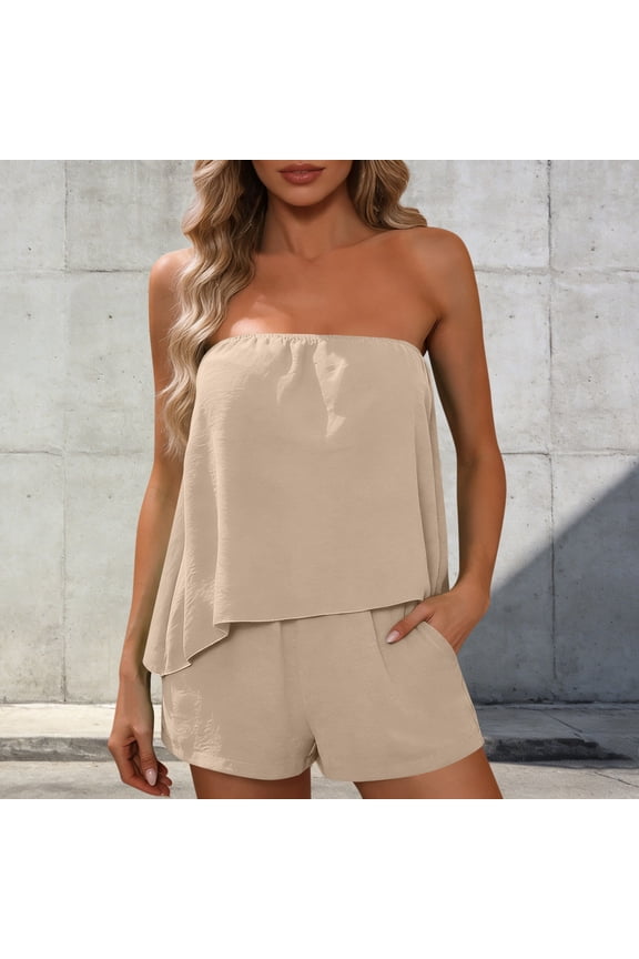 Women Suits 2 Piece Set Strapless 2 Piece Shorts Sets Women Sleeveless Ruched Flowy Tube Tops with Shorts for Summer Vacation Beige M