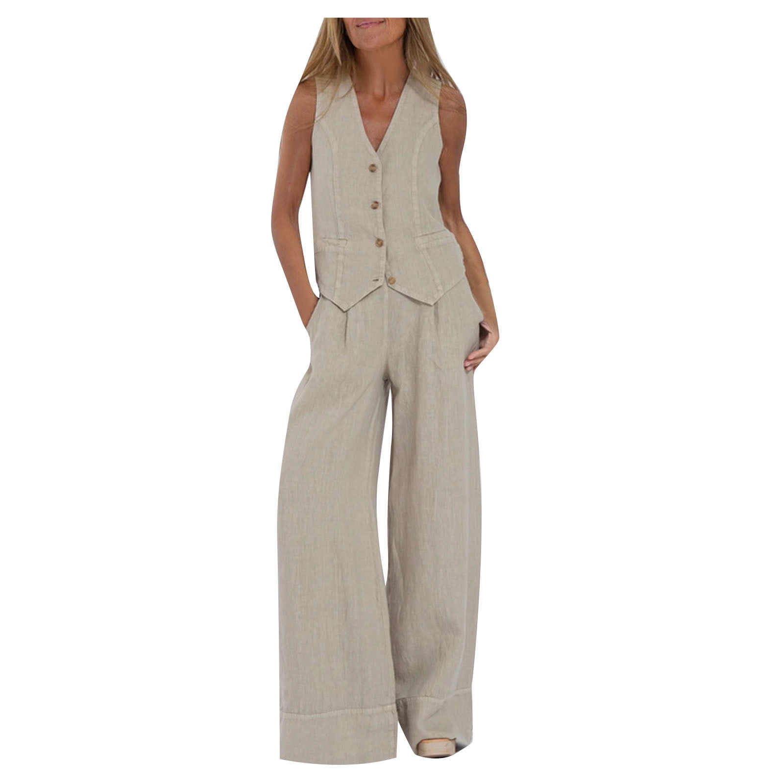Women Suits 2 Piece Set Summer Sleeveless V Neck Button Vest Wide 