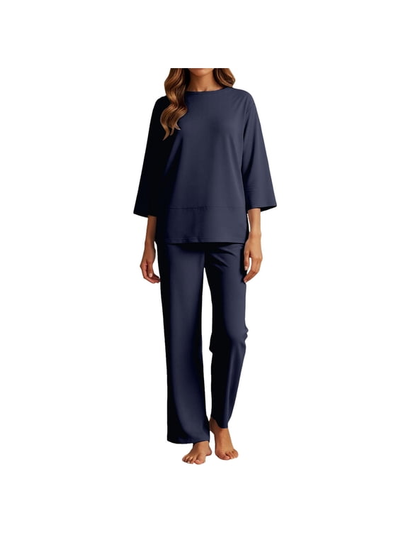 Women Suits 2 Piece Set Women's Casual Trousers Suit Set Comfortable Round Neck Long Pants Outfit For Daily Wear Spring Woman's Suit Slim Fit Suits for Women Celebration Jumpsuit Striped Petite Blue M