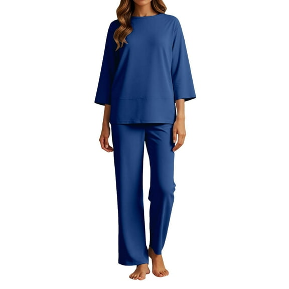 Women Suits 2 Piece Set Women's Casual Trousers Suit Set Comfortable Round Neck Long Pants Outfit For Daily Wear Spring Woman's Suit Slim Fit Suits for Women Celebration Jumpsuit Striped Petite Blue M